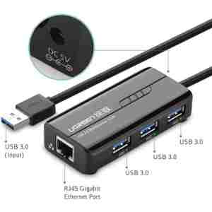 Ugreen USB 3.0 hub na 3x USB A in RJ45 - box
