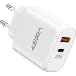 VEGER 65W1A1C 2-portni polnilec, USB-A/USB-C, QC3.0/PD3.0, bel