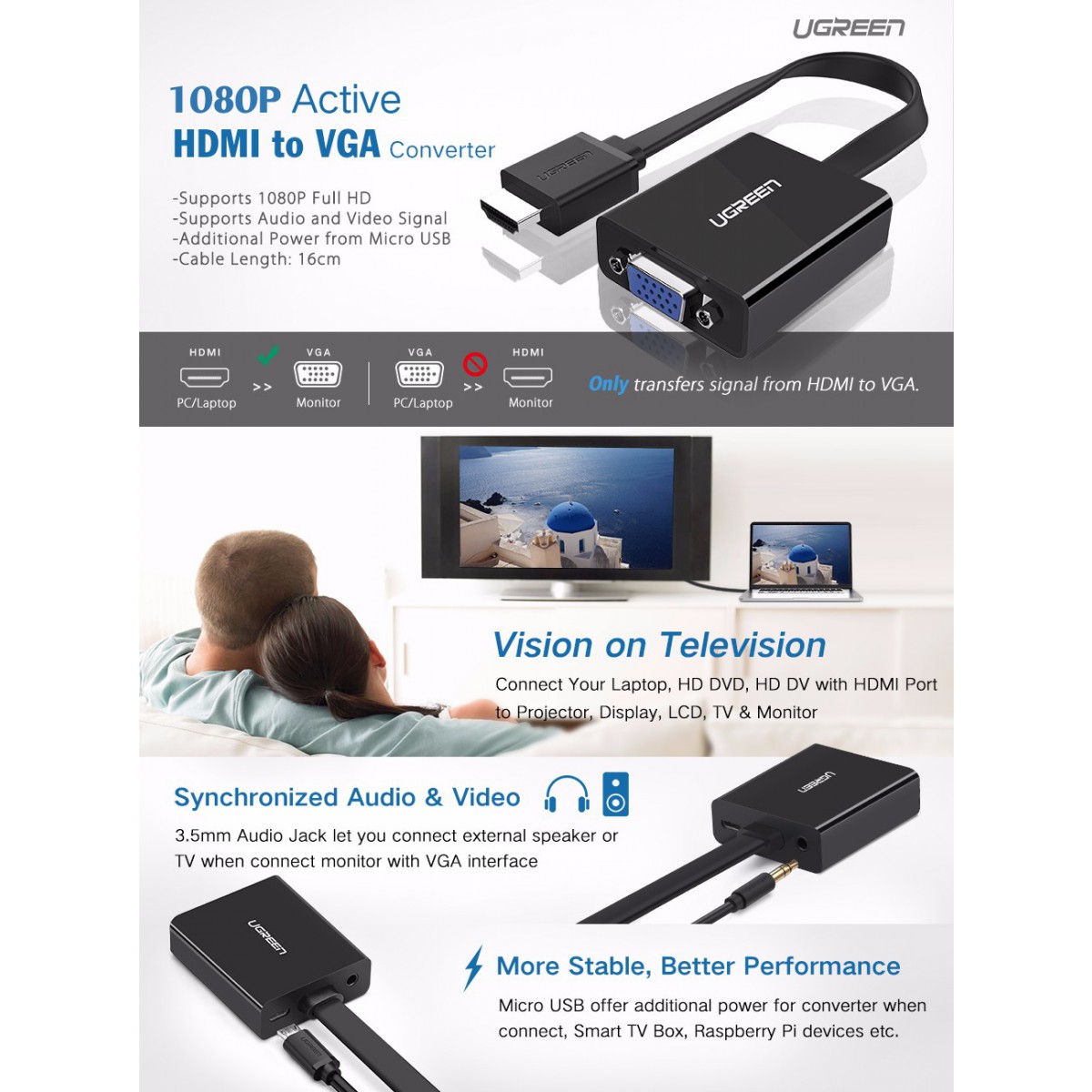 Ugreen HDMI na VGA + 3.5MM Audio+MicroUSB konverter črn - box - slika 4