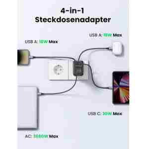 Ugreen Nexode 4v1 USB vtičnica 30W z 2xUSB, 1xUSB-C in Quick Charge