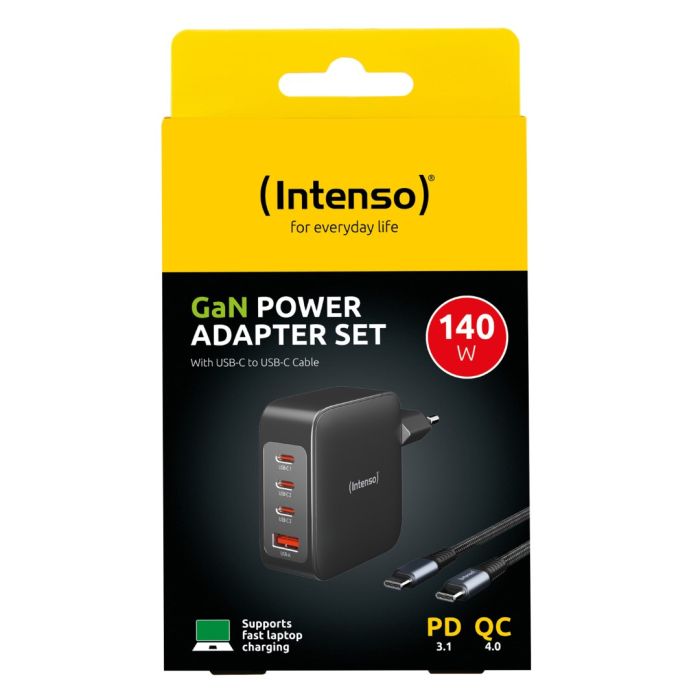 Intenso 140W GaN napajalnik s priključkom 3xUSB-C in 1xUSB-A ter priloženim 2M 200W USB-C kablom