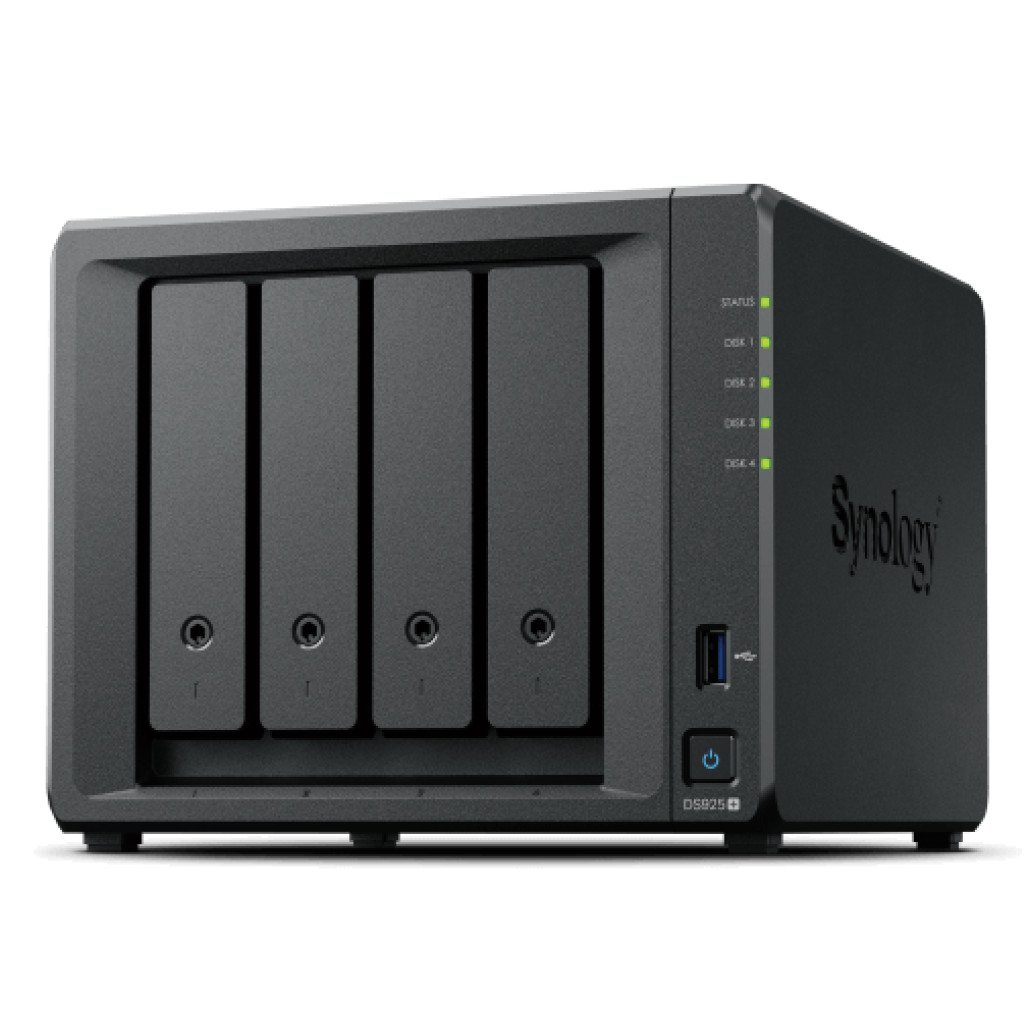 NAS ohišje Synology DS925+ 4x3.5'' SATA HDD/SSD 2x M.2 NVMe AMD V1500B 4-core (8-thread) 2.2 GHz 4GB DDR4 ECC SODIMM 2x RJ-45 2.5GbE 2x USB 3.2 Gen1 1x USB-C expansion port