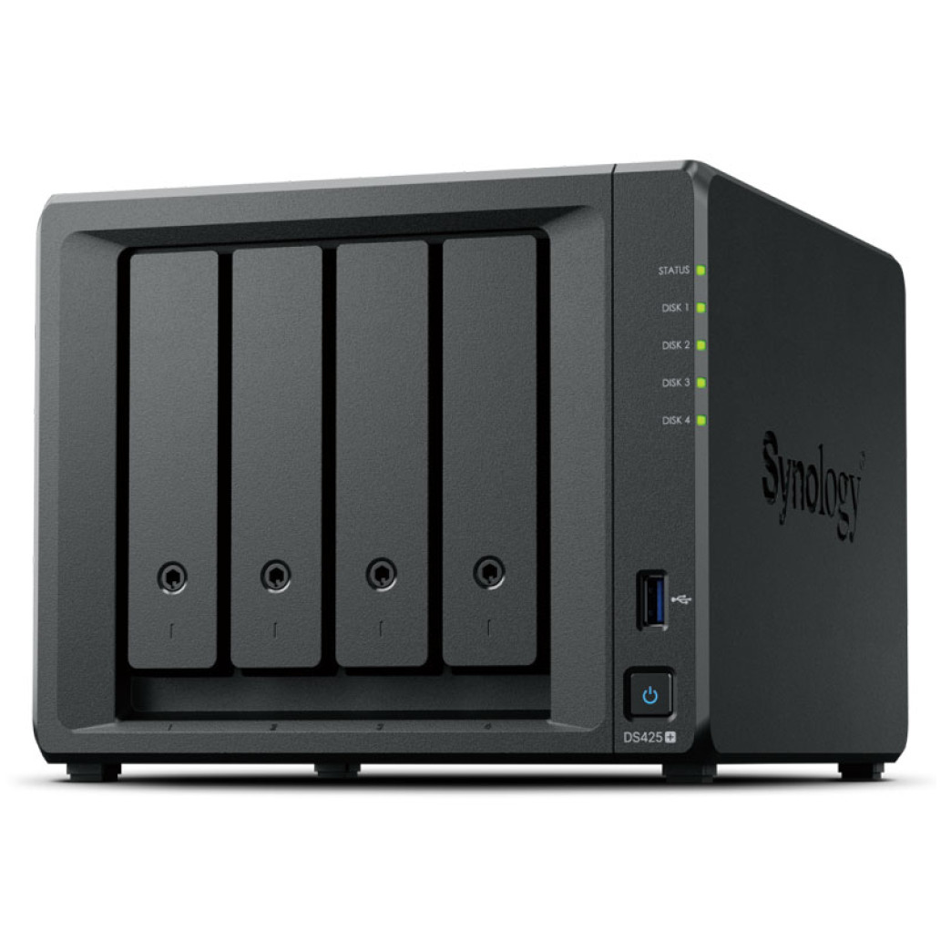 NAS ohišje Synology DS425+ 4x 3,5''SATA HDD 2x M.2 NVMe Intel Celeron J4125 4-core (4-thread) 2.0 GHz 2GB DDR4 non-ECC 1x RJ-45 1GbE 1x RJ-45 2.5 GbE 2x USB 3.2 Gen1