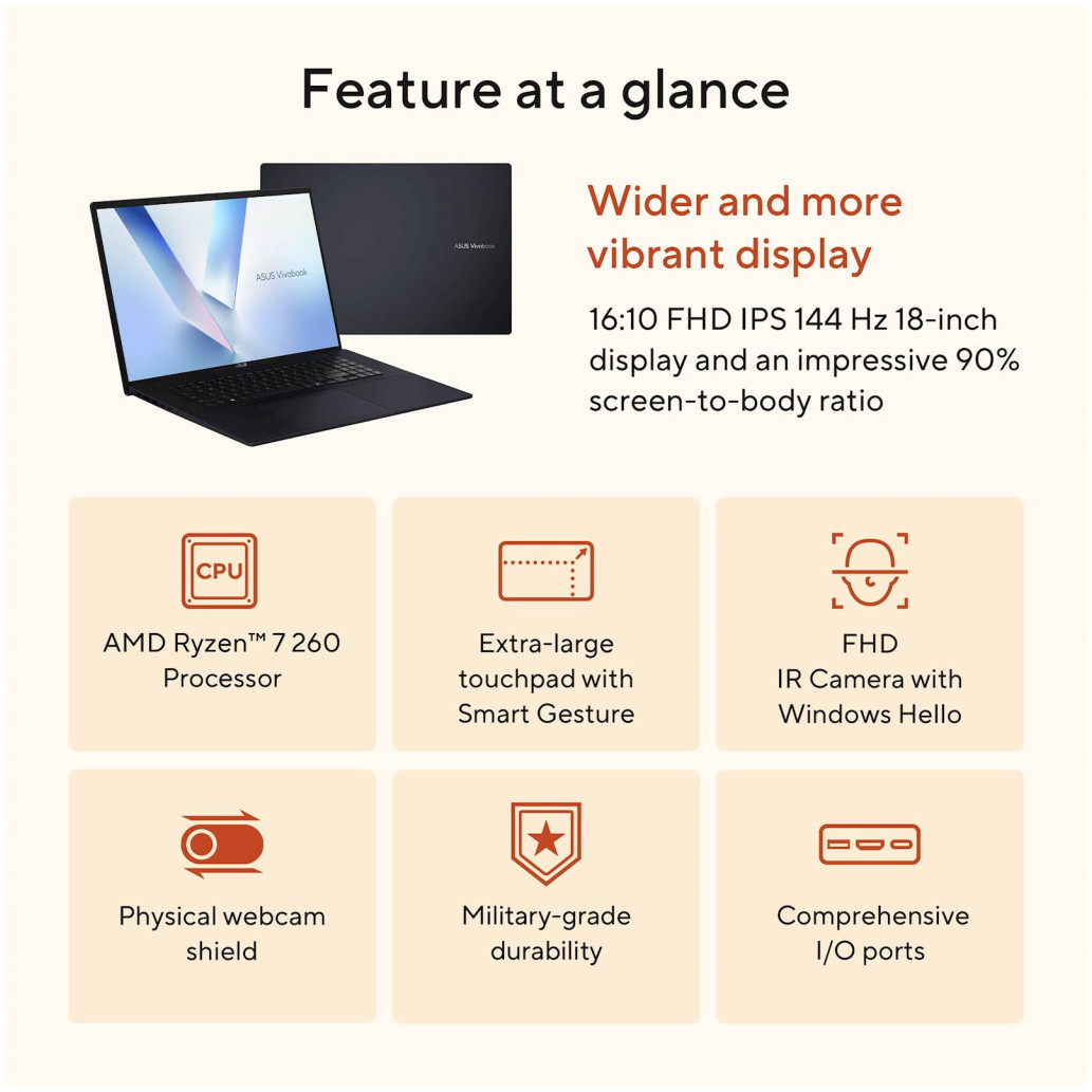 Prenosnik Asus 46,74 cm (18,4") Vivobook 18 1920x1080 IPS 300nit 144Hz Ryzen 7 260 - slika 4