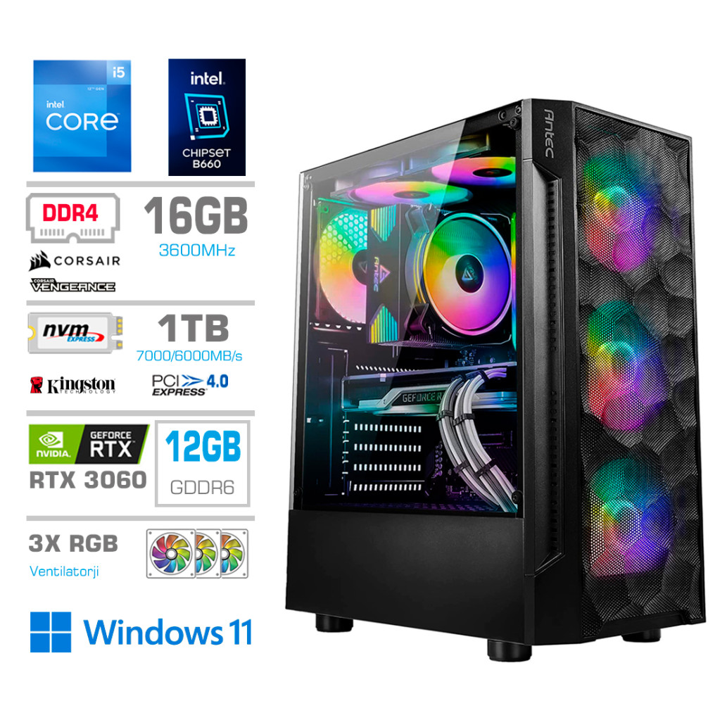 Računalnik MEGA TWR S7 i5-12400F/RTX3060/16GB/1TB-4.0/750W/Win11Home