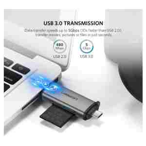 Zunanji čitalec kartic Ugreen USB 3.0/USB-C za microSD SD RS-MMC MMC siv (50706)