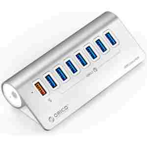 USB-C hub s 7 vhodi, 7x USB-A 3.2 Gen1, 1x USB-A PD, 5Gbps, z napajanjem, aluminij, ORICO M3U7Q1-05