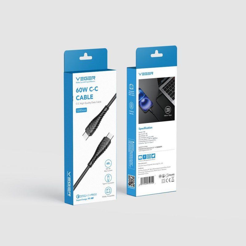 VEGER kabel Type C na Type C PD 3A 60W V106 1.2m, črn - slika 3