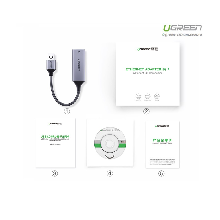 Ugreen USB 3.0 Gigabit Ethernet Adapter mrežna kartica siv - box