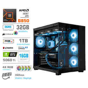 Računalnik MEGA MT S5 Ryzen 5 9600X/RTX5060Ti-16GB/32GB-DDR5/1TB-4.0/750W/Brez OS/črna RGB + Estetski napajalni kabli [Svetlo modra / Črna)