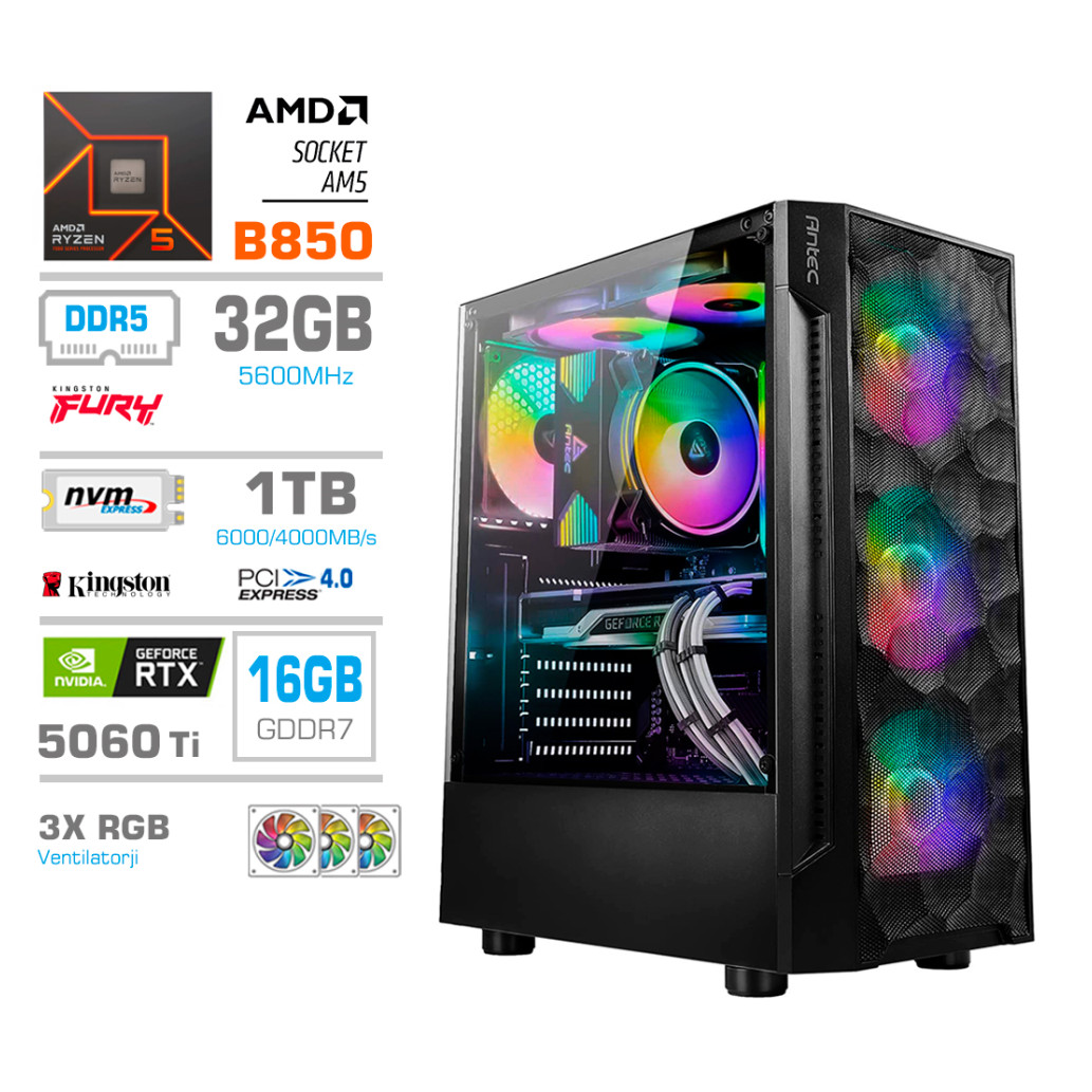 Računalnik MEGA MT S7 R5-9600X/RTX5060Ti-16GB/32GB-DDR5/1TB-4.0/750W/Brez OS RGB