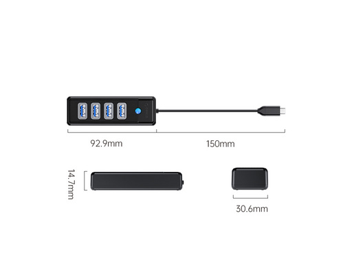 USB-C hub s 4-vhodi, USB 3.0, 0.15m, črn, ORICO PW4U-C3-015 - slika 3