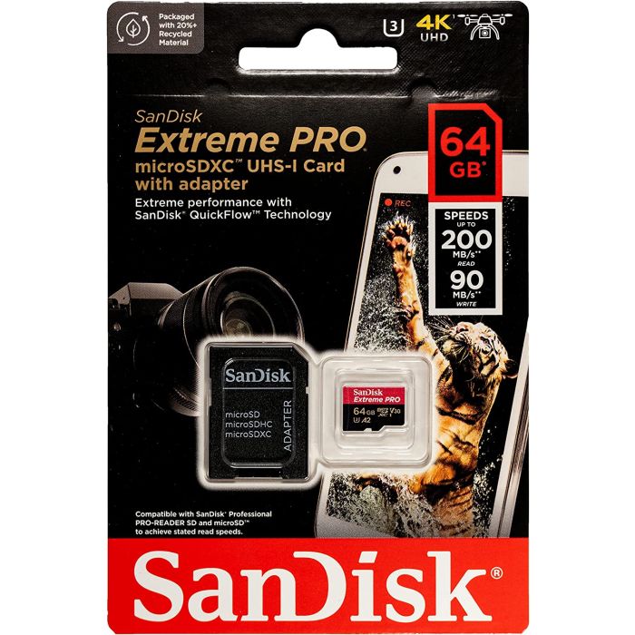 SanDisk Extreme PRO microSDXC 64GB + SD Adapter do 200MB/s & 90MB/sA2 C10 V30 UHS-I U3