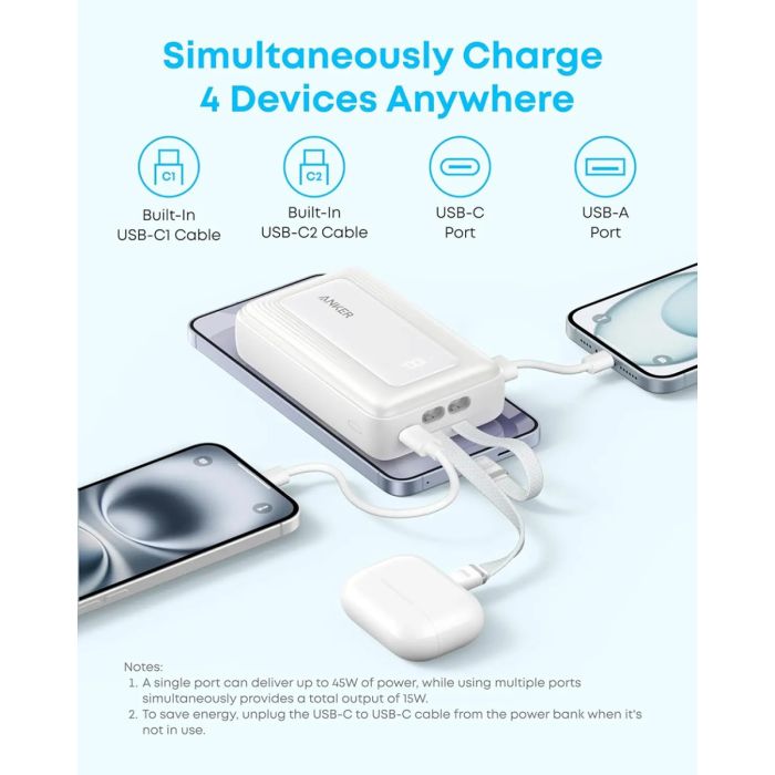 Anker Zolo Powerbank 20000 mAh, 45W z vgrajenima kabloma USB-C, črn