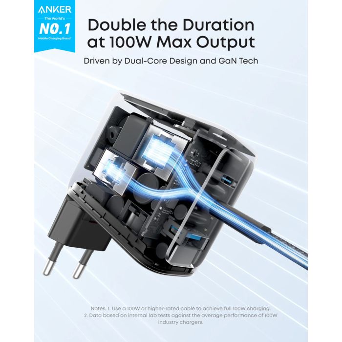 Anker 100W GaN Smart Display 3-portni polnilec, temno siv - slika 3