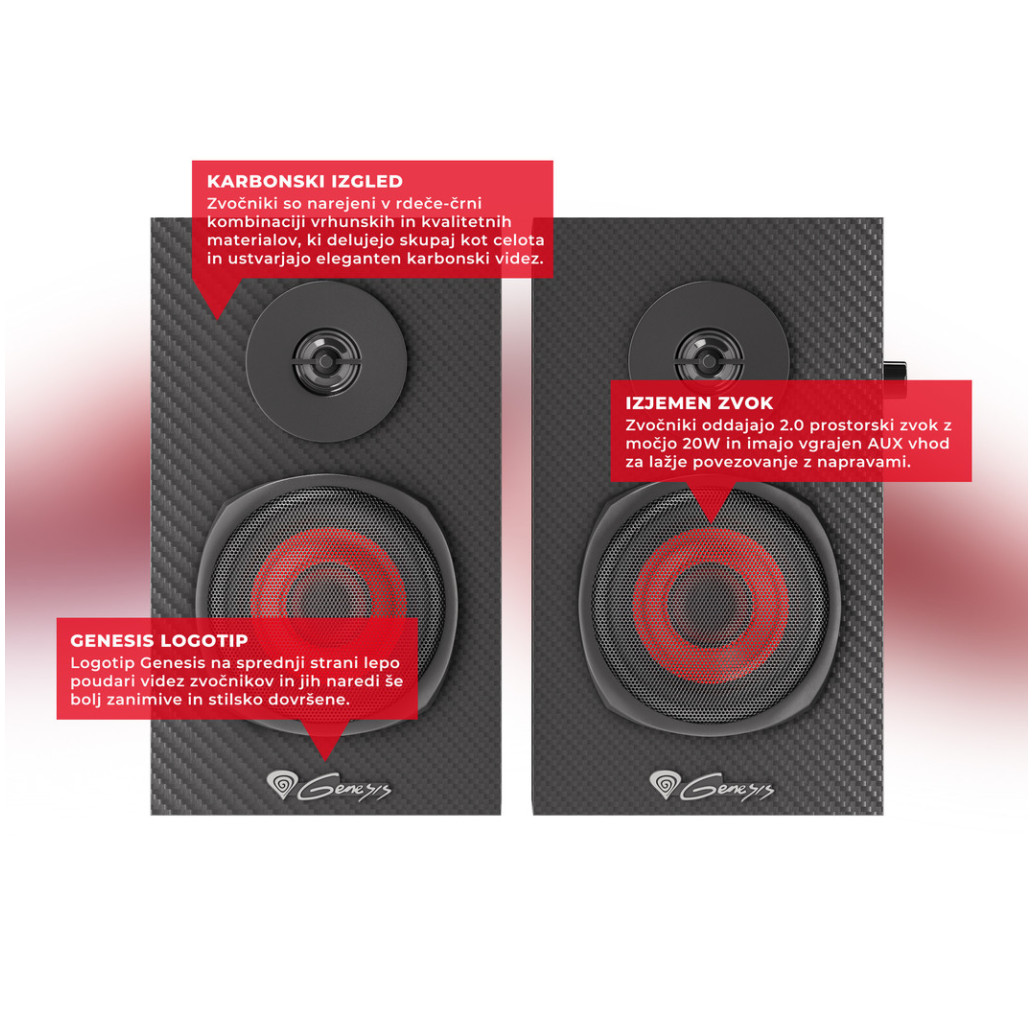 Zvočniki Genesis HELIUM 200 20W 2.0 (črna-rdeča) - slika 3