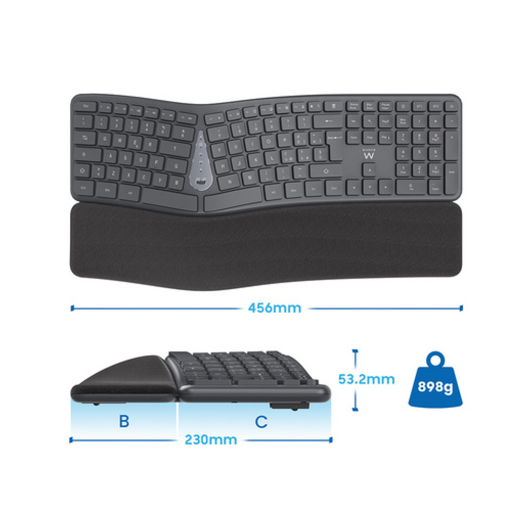 Tipkovnica Bluetooth + USB Ewent Wireless Ergonomic Multi-Connect SLO | Slovenski nabor znakov črno-siva (EW3289) - slika 2