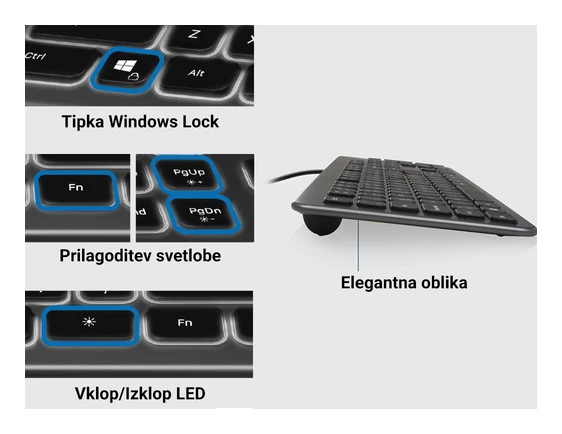 Tipkovnica Ewent Wired Illuminated Scissor, črna, USB, SLO EW3271 - slika 5