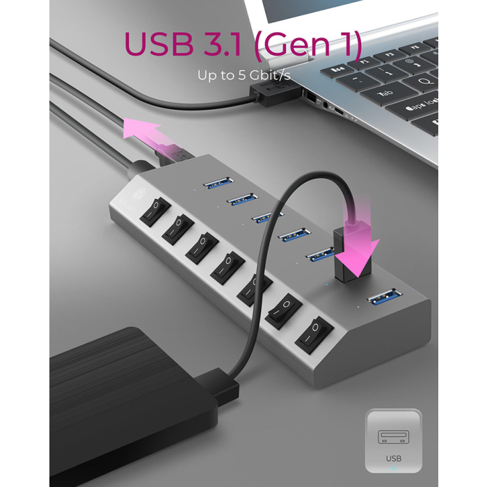 IcyBox IB-HUB1701-C3 7-portni USB-A hub s stikali - slika 5