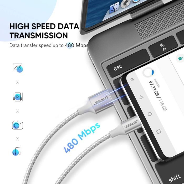 UGREEN USB 2.0 A na USB-C kabel 2m (bel) - polybag - slika 2