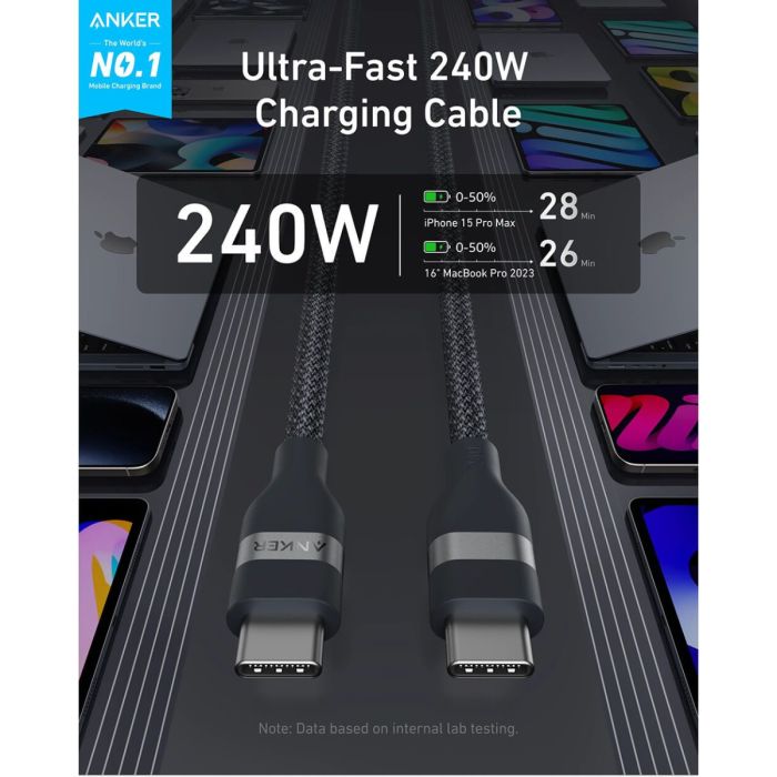 Anker pleteni USB-C na USB-C kabel 240 W, 0,9m, črn - slika 2