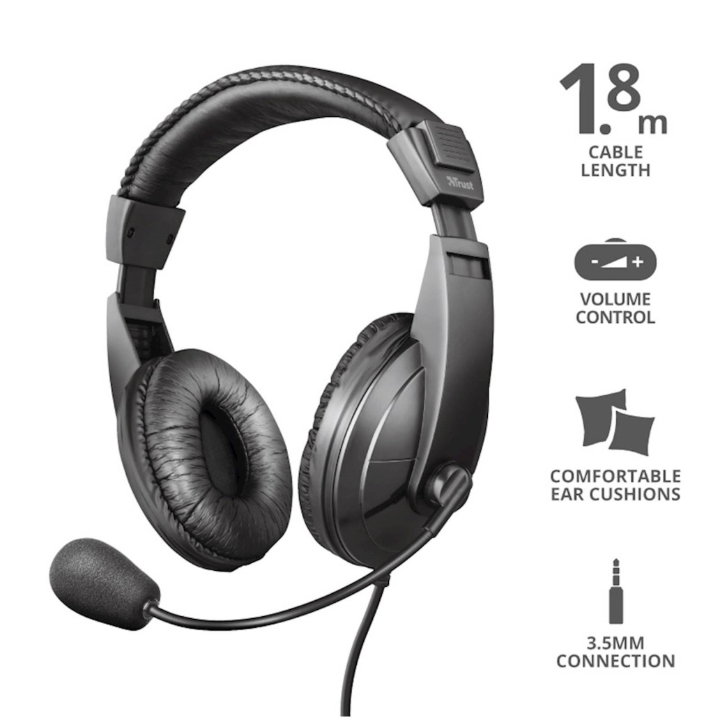 Slušalke žične Trust naglavne z mikrofonom 1x3,5mm QUASAR črne (21661)