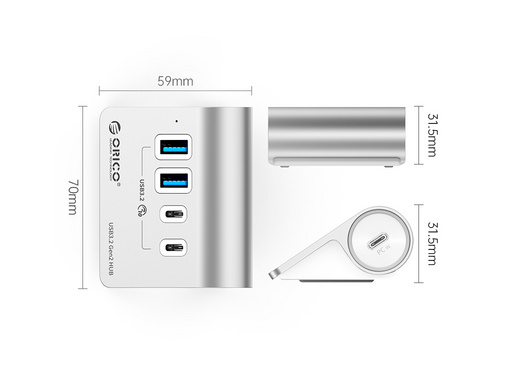 USB-C hub s 4 vhodi, 2x USB-A, 2x USB-C, USB 3.2 Gen2, 10 Gbps, ALU, ORICO M3CU2-G2 - slika 2